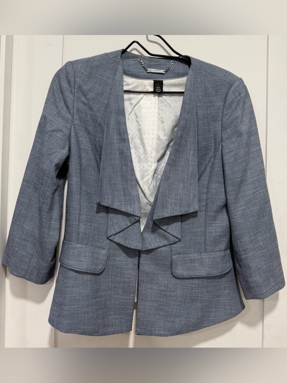 White House Black Market Heathered Blue Open-Front Ruffle Blazer